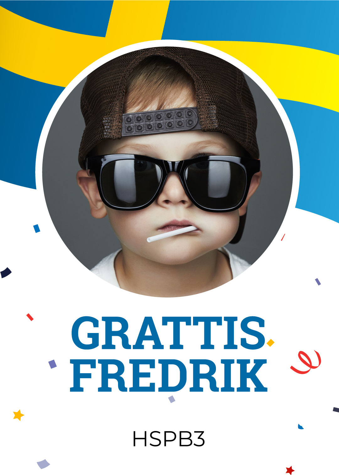Studentplakat med Svensk flagga och konfetti